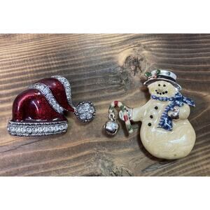 Enamel Christmas Brooches Santa Hat Frosty The Snowman Rhinestones